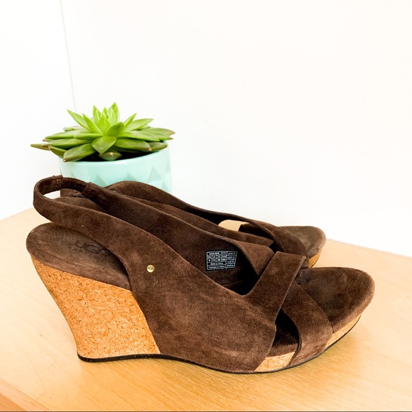 UGG Classic Dark Brown Leather Wedge Sandals - Picture 1 of 8